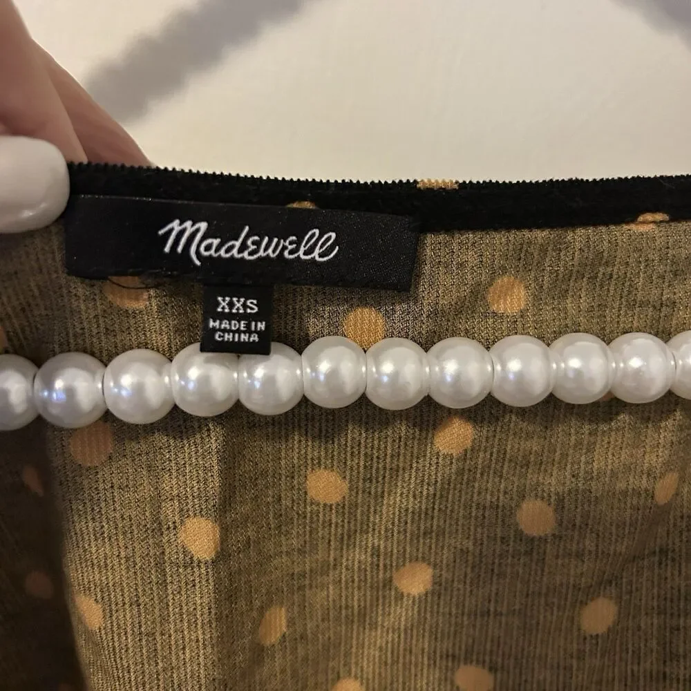 Madewell Top Womens Size XXS Corduroy Puff Sleeve Black Tan Polka Dot Romantic